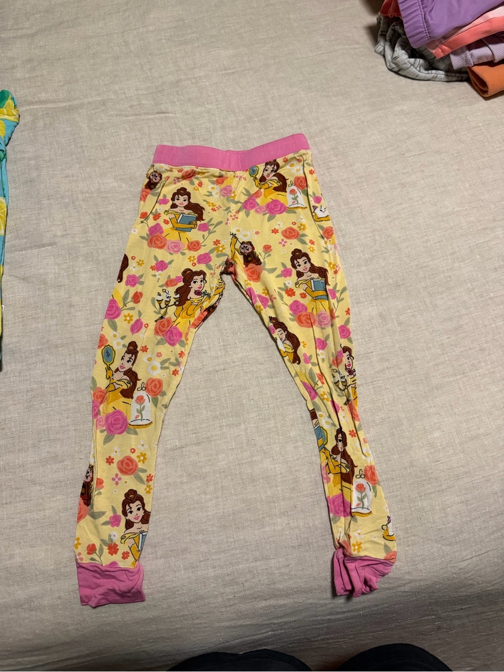 Little Sleepies Yellow Belle Print Leggings with Pink Trim-pants only